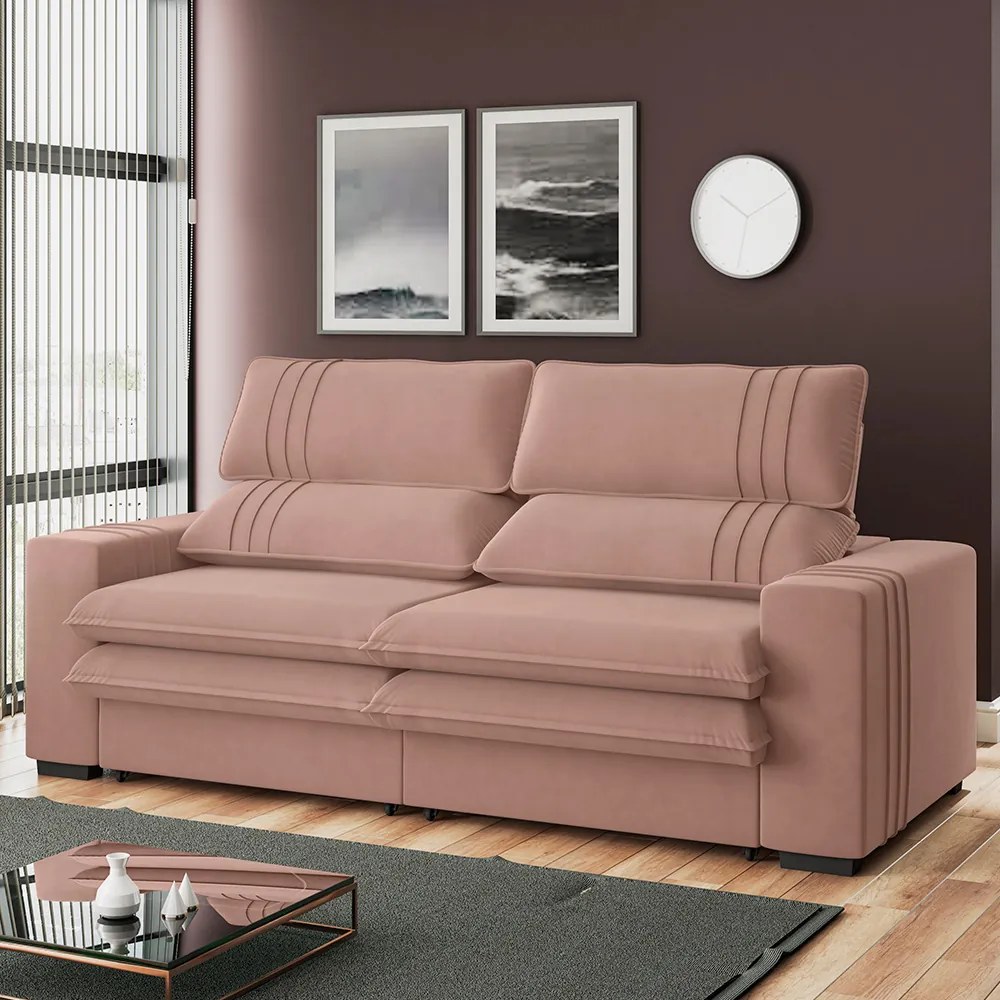 Sofá 2 Lugares Retrátil Noruega 230 cm Veludo Pés Tabaco - D'Rossi - Rose