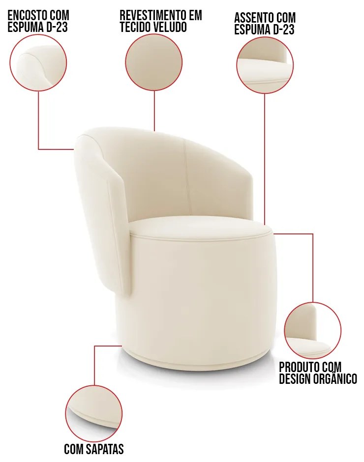 Poltrona Decorativa Orgânica Fixa para Sala Kit 2 Malu Veludo Bege M11 - D'Rossi