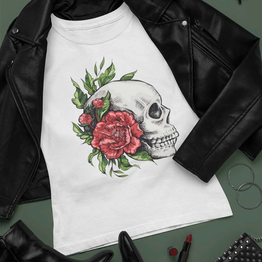 Camiseta Feminina Baby Look Caveira e Rosas Vermelhas - Cinza Chumbo - P