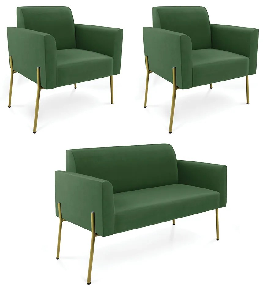 Sofá Namoradeira e 2 Poltronas Pé de Ferro Dourado Marisa Suede Verde D03 - D'Rossi