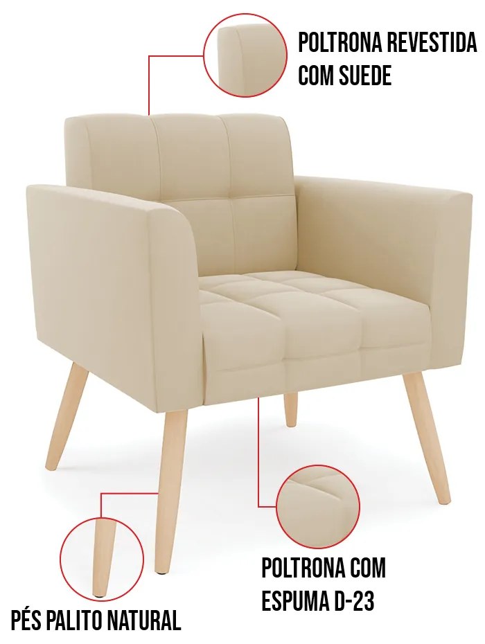 Kit 1 Sofá Namoradeira e 1 Poltrona Elisa Suede Pés Palito Natural D03 - D'Rossi - Bege