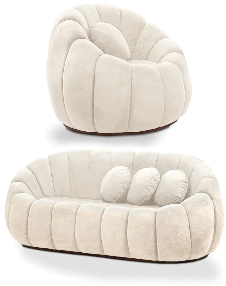 Sofá 2 Lugares com Poltrona Giratória Orgânica Cloud Bouclê Bege E03 - D'Rossi