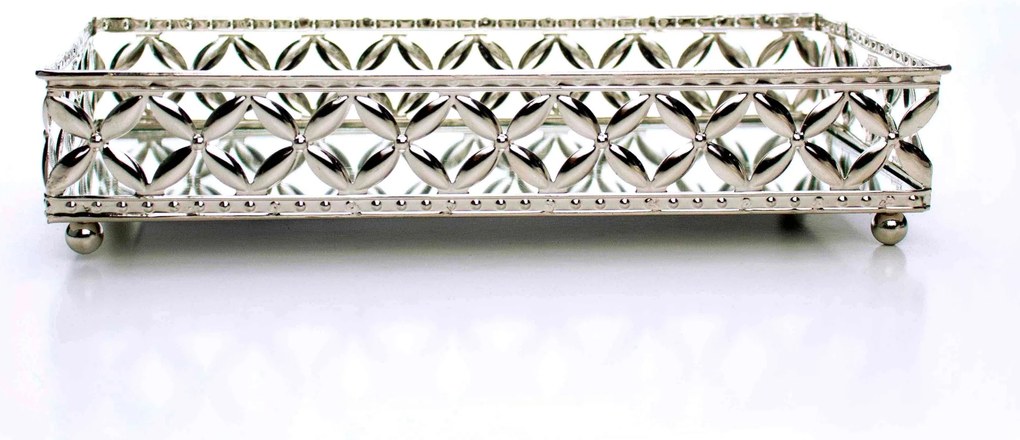 Bandeja Decorativa Retangular Em Metal Prata Com Espelho 5x24 Cm - D'Rossi