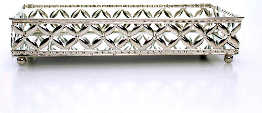 Bandeja Decorativa Retangular Em Metal Prata Com Espelho 5x24 cm M02 - D'Rossi