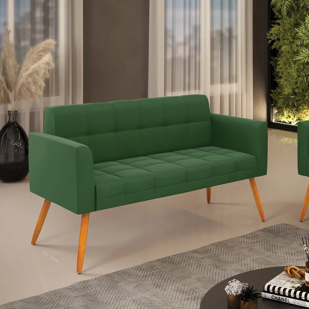 Sofá Namoradeira Elisa Suede Verde Pés Palito Castanho - D'Rossi