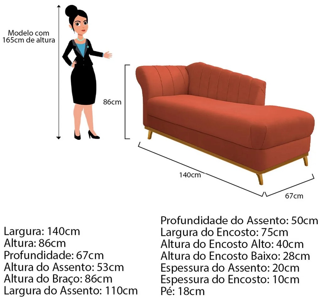 Recamier Vanessa 140cm Lado Esquerdo Suede Terracota- ADJ Decor