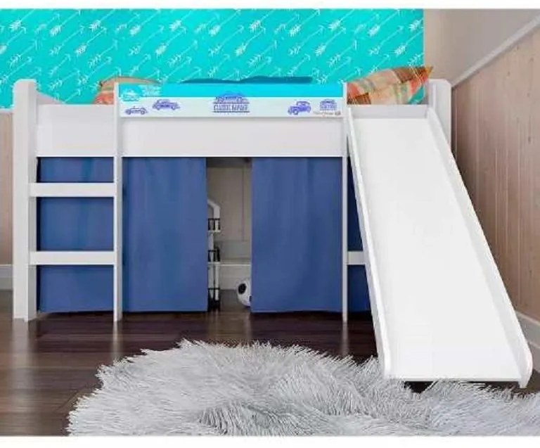 Cama Infantil Elevada Com Escorregador E Cortina Azul - Branco