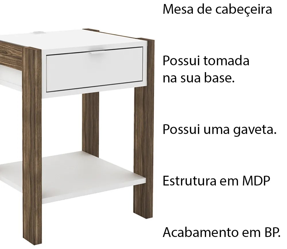 Mesa de Cabeçeira para Quarto Decorativa AZ1016 MDP Branco/Nogal G69 - Gran Belo