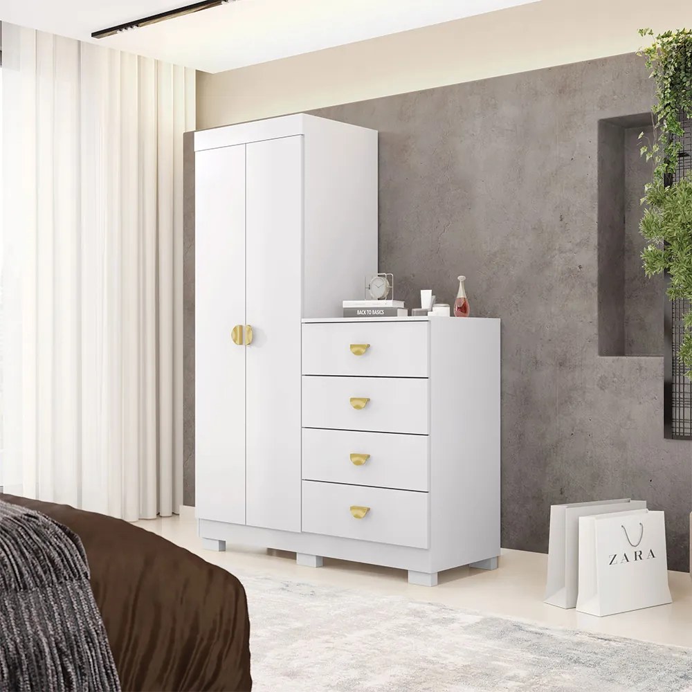Cômoda Roupeiro Allure 4 Gavetas 2 Portas com Prateleiras Branco G98 - Gran Belo