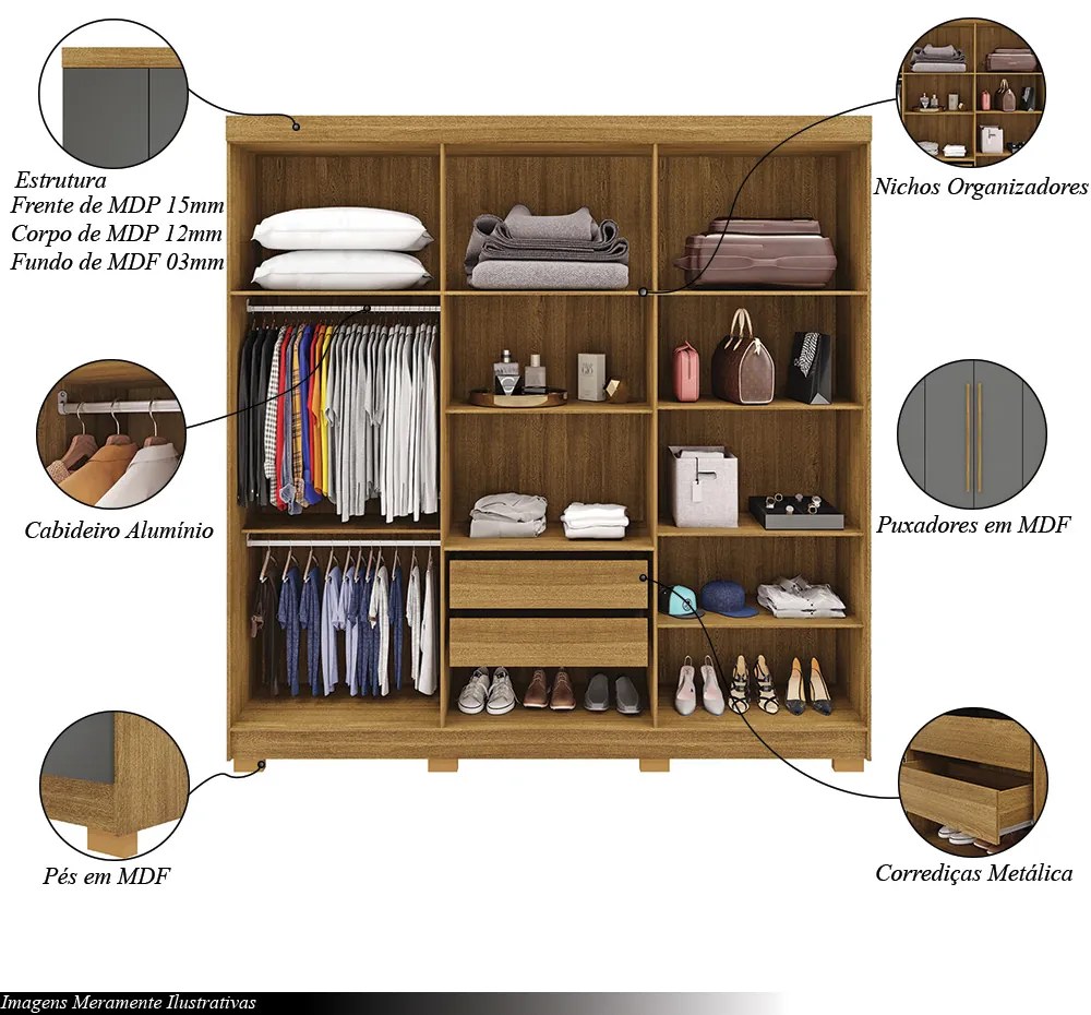 Guarda Roupa Casal Doral 218cm 6 Portas de Bater 2 Gavetas Nature/Chumbo G98 - Gran Belo