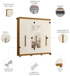 Guarda Roupa Casal 200cm com Espelho Viny A02 Off/Cinamomo - Mpozenat