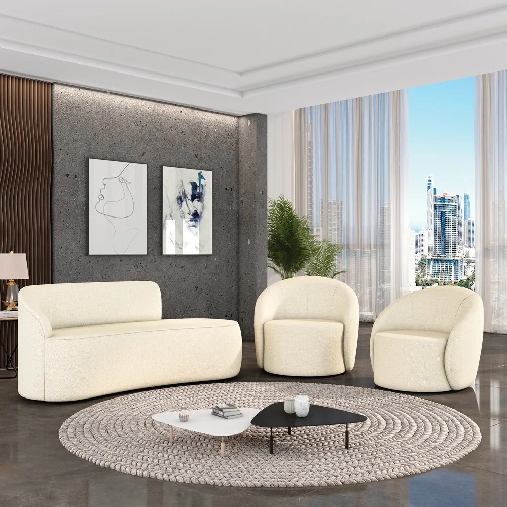 Sofá 3 Lugares Orgânico 180cm Morgan e 2 Poltronas Lua Linho - Bege