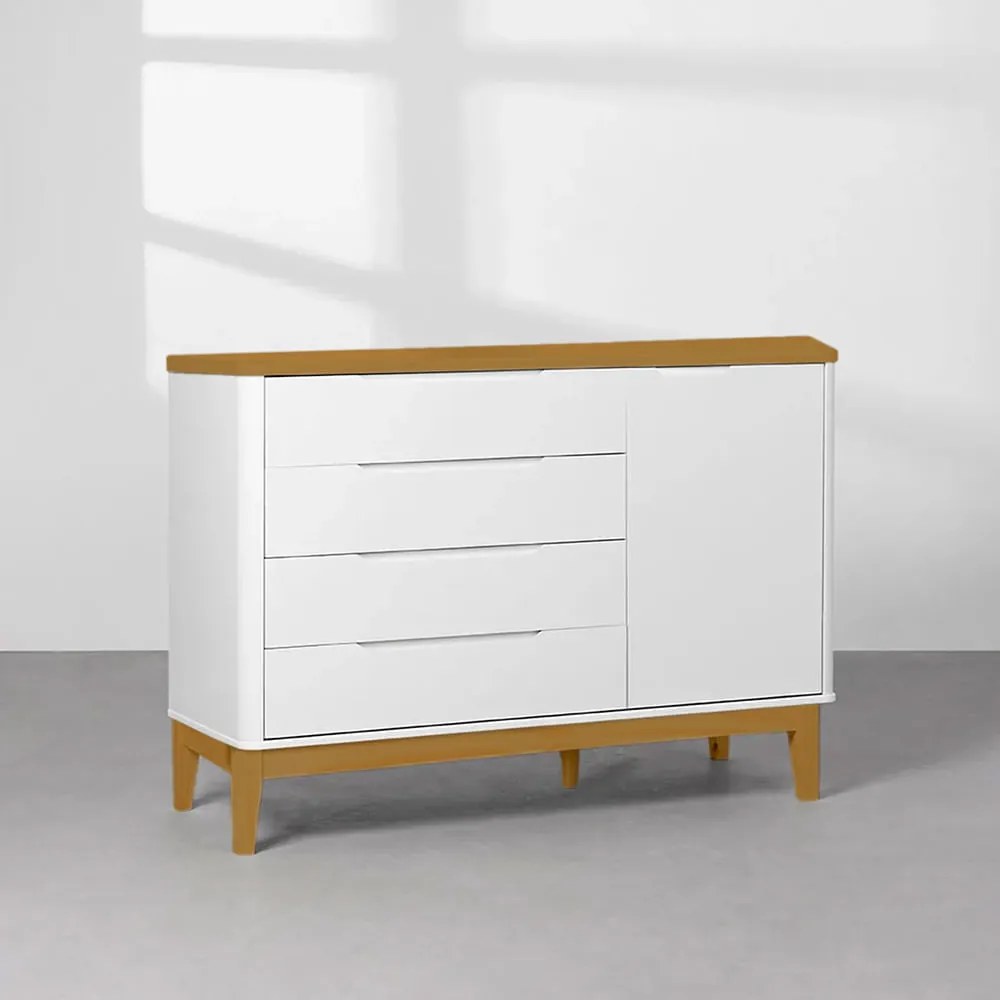 Cômoda Boom 4 Gavetas e 1 Porta Branco com Pés Square Mel - Branco  e Savana - Cômoda Boom 4 Gavetas e 1 Porta Branco com Pés Square Mel - Branco Fosco e Savana
