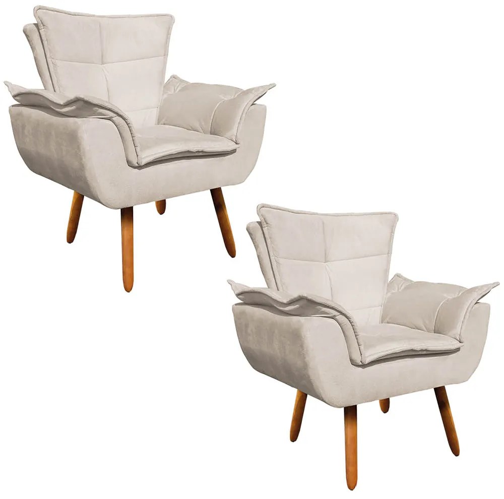 Poltrona Sala de Estar Pé Palito de Madeira Kit 2 Opala Suede - Bege