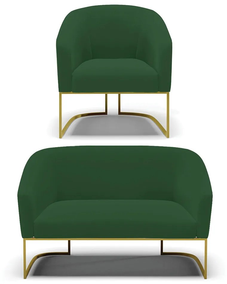 Sofá Namoradeira e Poltrona Base Industrial Dourado Stella Veludo D03 - D'Rossi - Verde