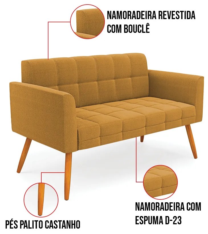 Namoradeira e 2 Poltronas Pé Palito Castanho Elisa Bouclê D03 - DRossi - Mostarda