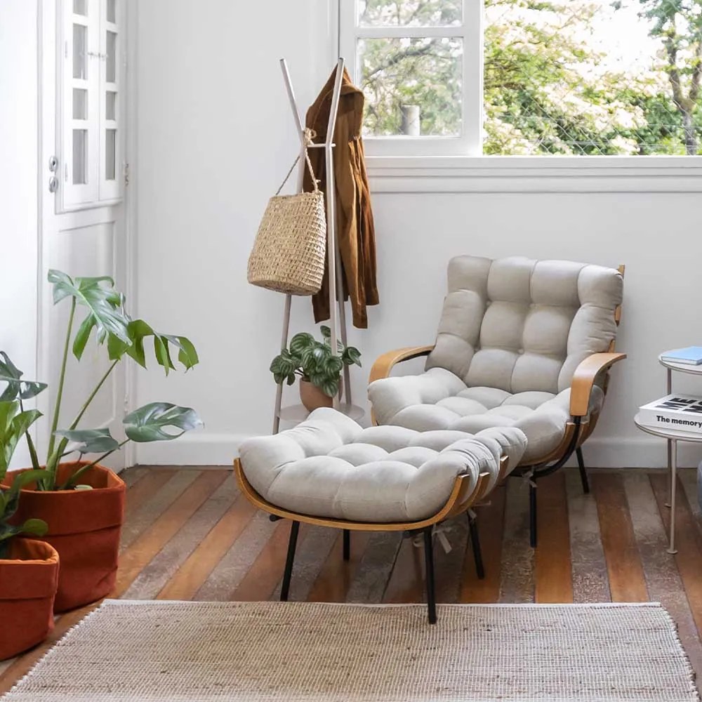 Poltrona Costela com Braço e Puff - Latte