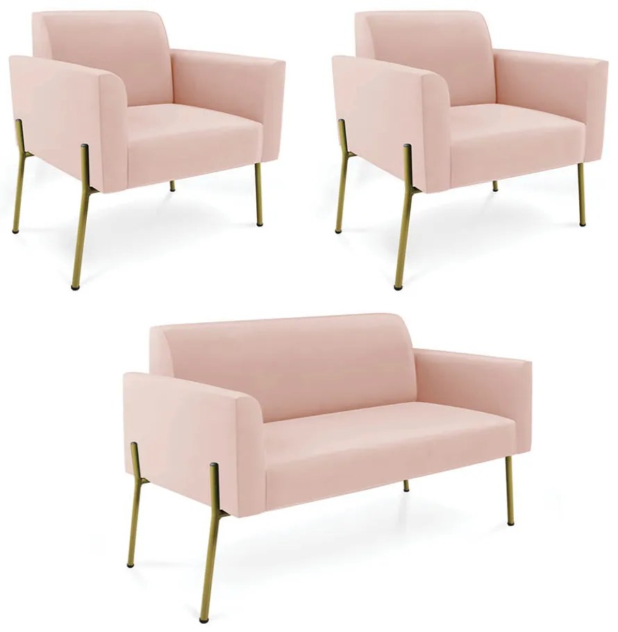Sofá Namoradeira e 2 Poltronas Pé de Ferro Dourado Marisa Veludo Rosê