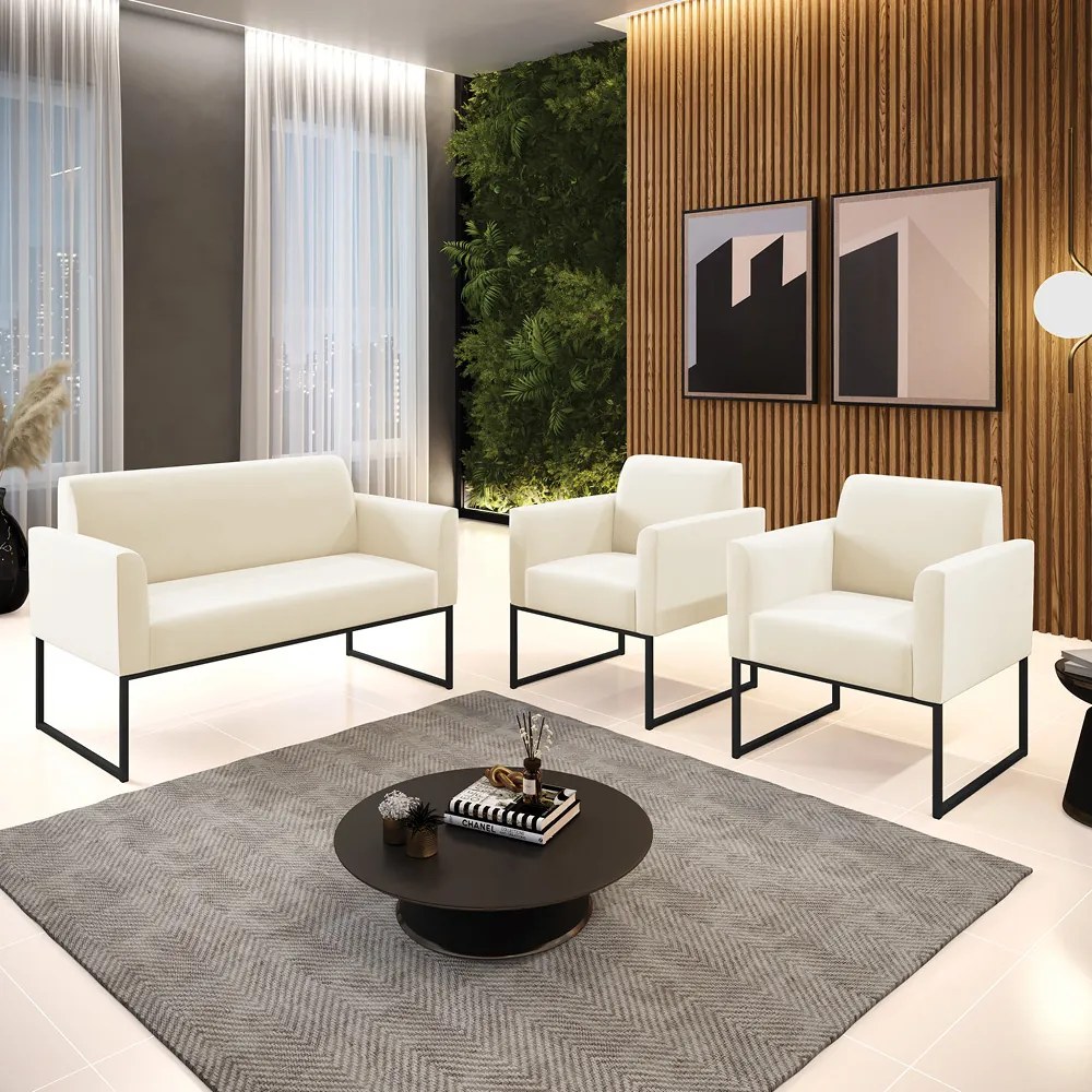 Sofá Namoradeira com 2 Poltronas Base Industrial Preto Marisa Veludo D03 - DRossi - Bege