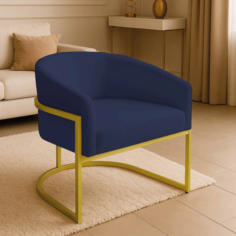 Poltrona Sala Decorativa Industrial Dourada Arielle Suede - Azul Marinho