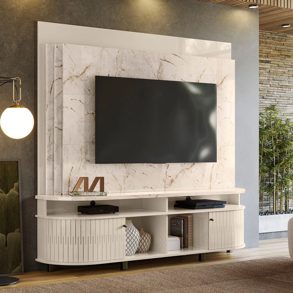 Estante de TV 65 Pol 183cm Sala de Estar Fayron M20 - D'Rossi - Calacata e Off White