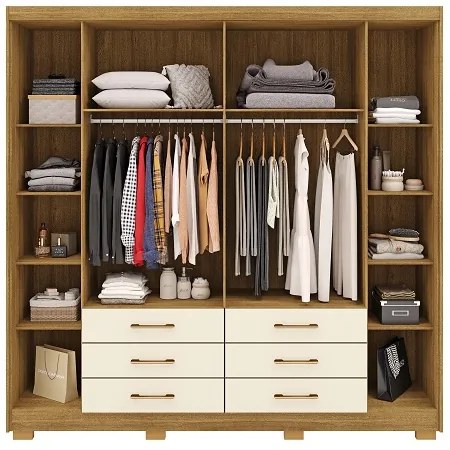 Guarda Roupa Com Espelho Canadá 6 Portas e 6 Gavetas Nature/Champanhe - Vila Rica Móveis