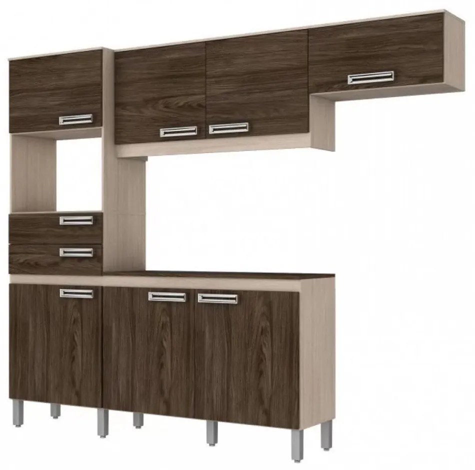 Cozinha Compacta C/ Gabinete Tampo Balcão Armário Aéreo - Fendi/Moka