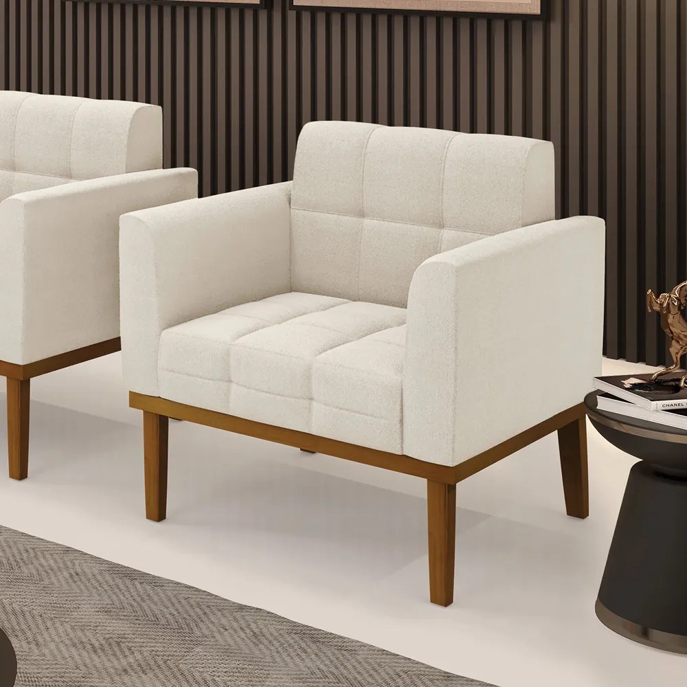 Poltrona Sala Decorativa Elisa Base de Madeira Castanho Bouclê D03 - D'Rossi - Bege