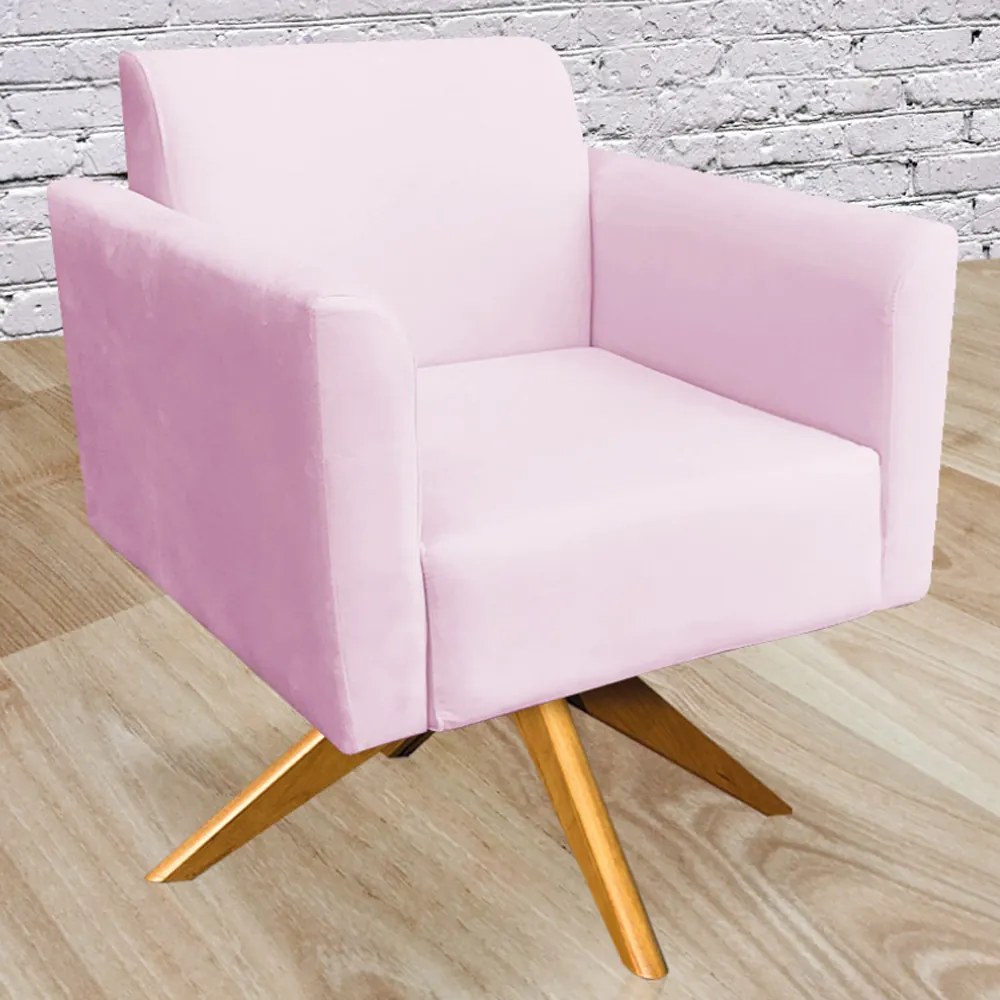 Poltrona Decorativa Isabella Base Giratória Madeira Suede Rosa Bebê G19 - Gran Belo