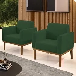 Poltrona Base Madeira Castanho Kit 2 Maressa Veludo Verde - Ibiza