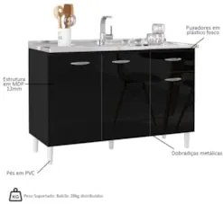 Balcão de Cozinha com Pia Inox 120cm 3 Portas Classic Z46 Preto - Mpoz