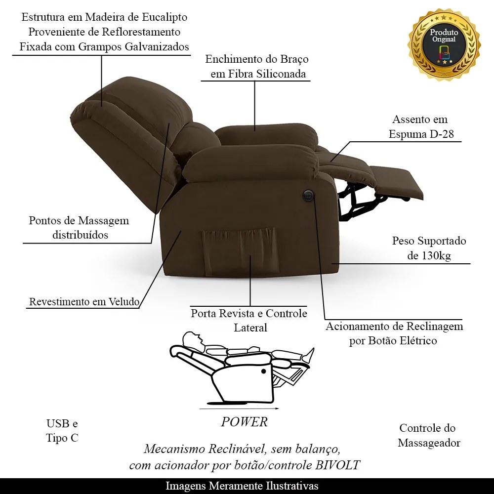 Poltrona do Papai Reclinável Sala de Cinema Madrid Power Elétrica Massagem USB Veludo Marrom G23