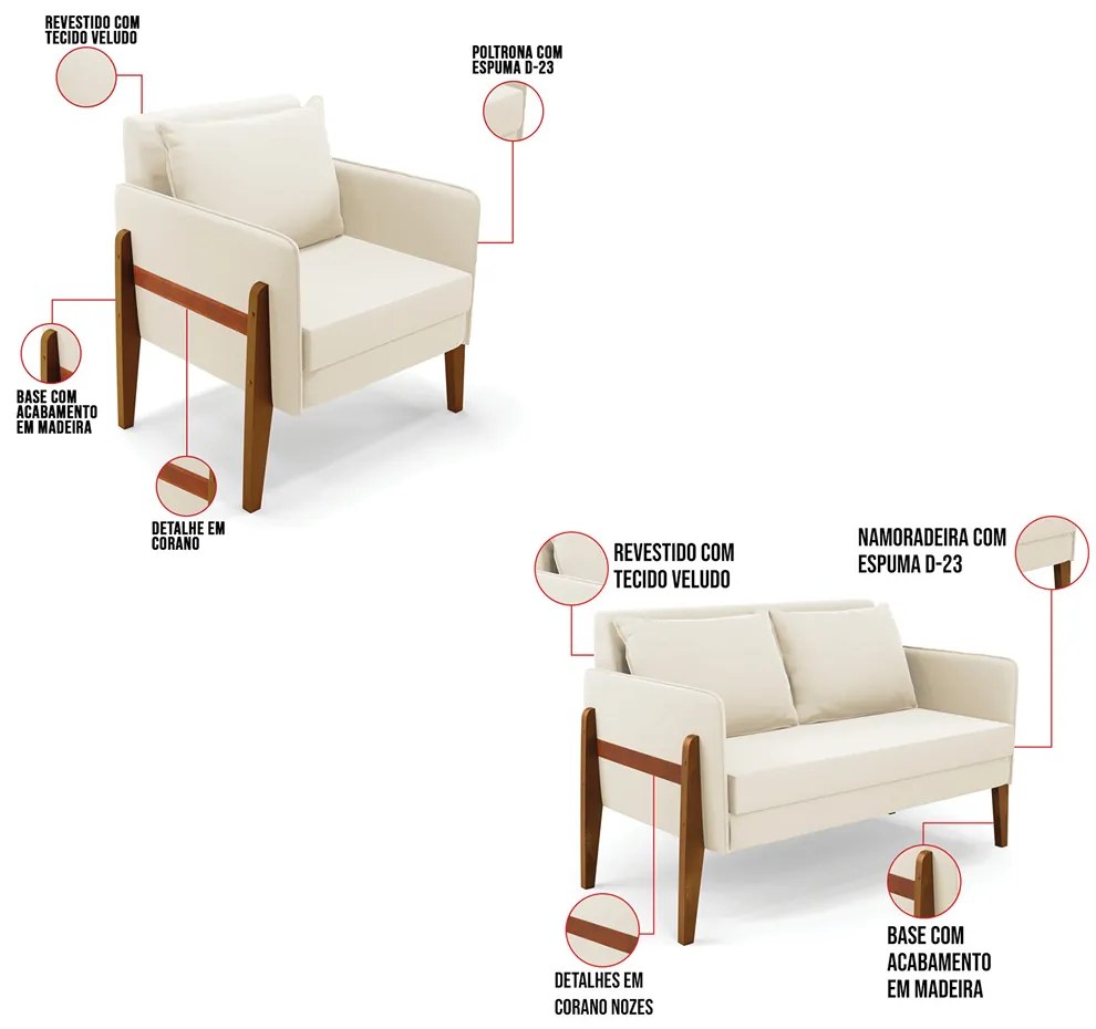 Kit 1 Sofá Namoradeira e 2 Poltronas Lana Veludo Bege Base de Madeira