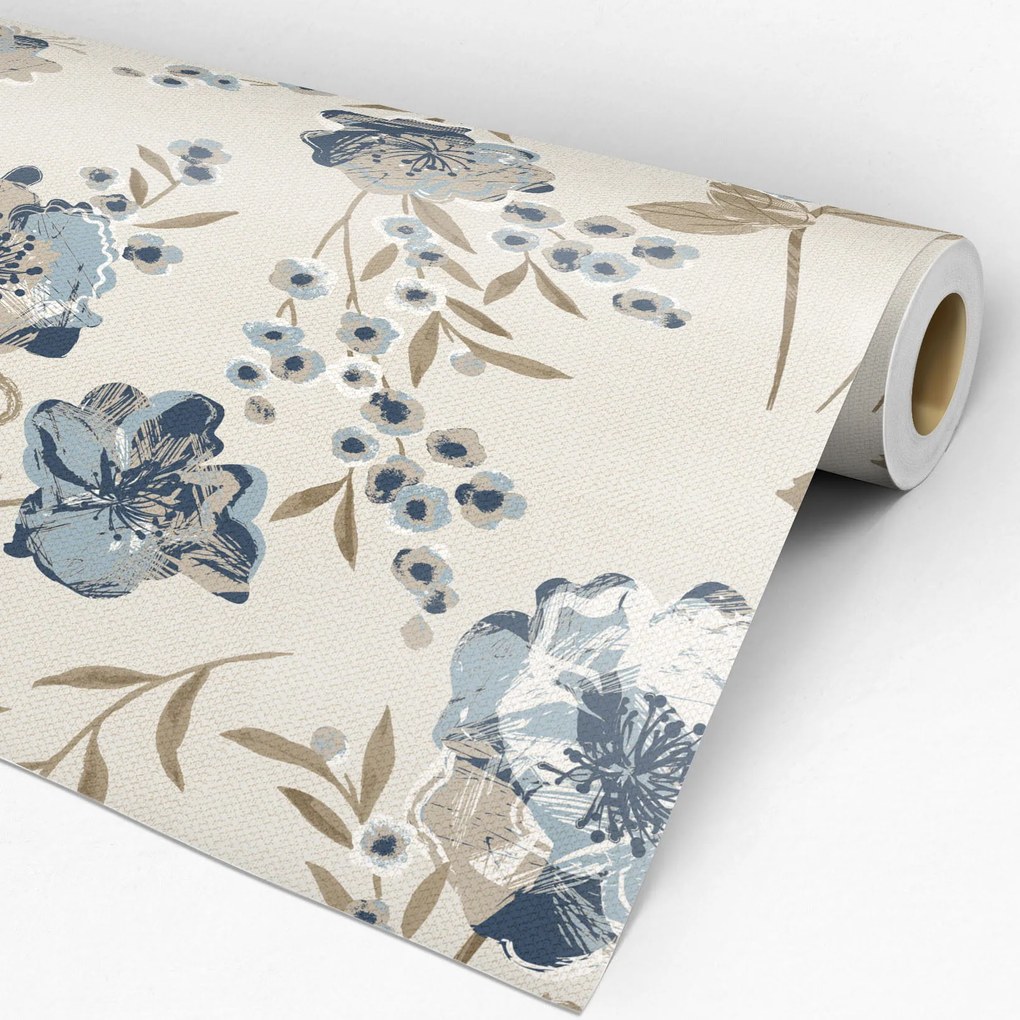 Papel de Parede Floral Azul Marrom e Bege 0.52m x 3.00m