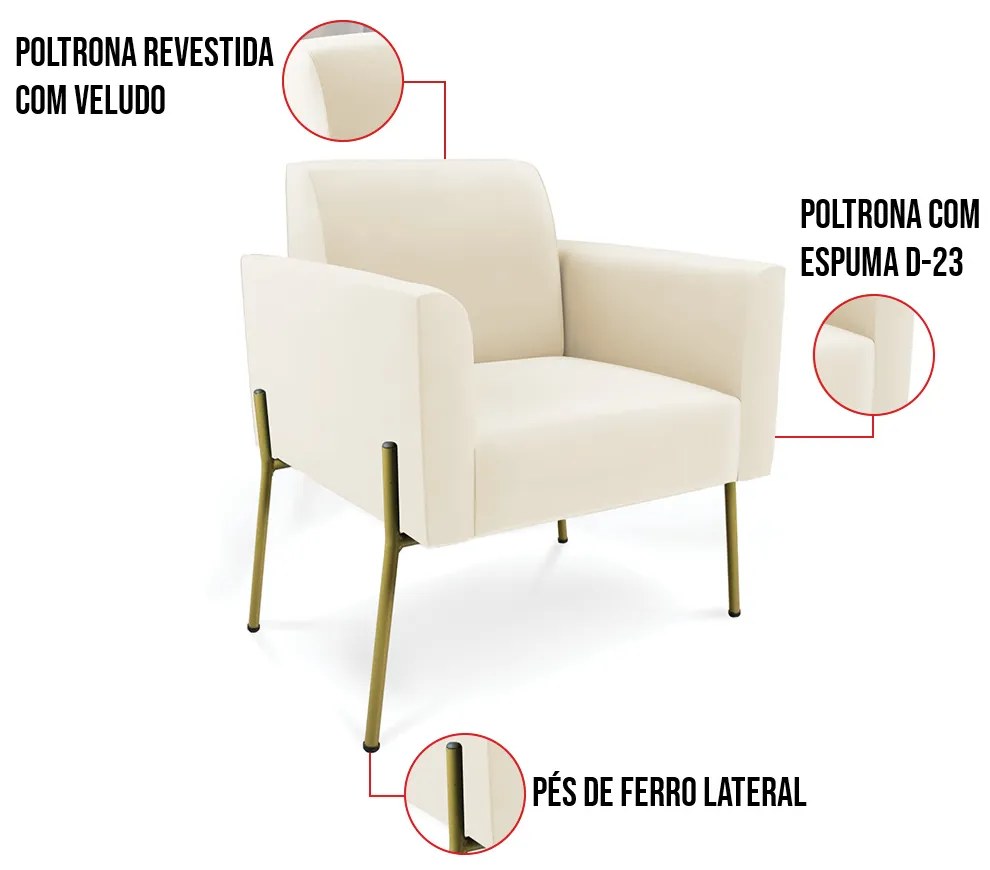 Poltrona Pé de Ferro Dourado para Salão Kit 2 Marisa Veludo D03 - D'Rossi - Bege