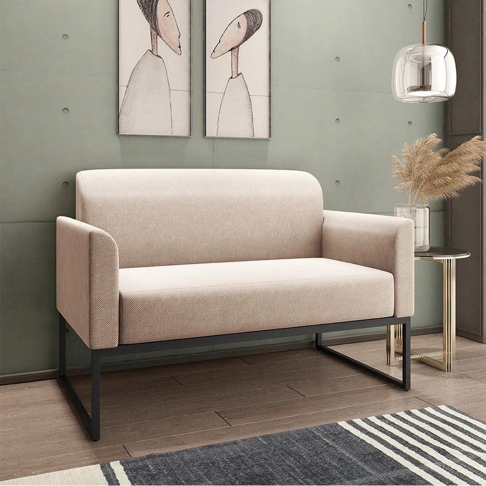 Sofá Namoradeira com Poltrona Base Industrial Preto Marisa Linho - A27 Areia