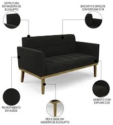 Sofá Namoradeira e 2 Poltronas Base Madeira Castanho Ana Suede Preto -