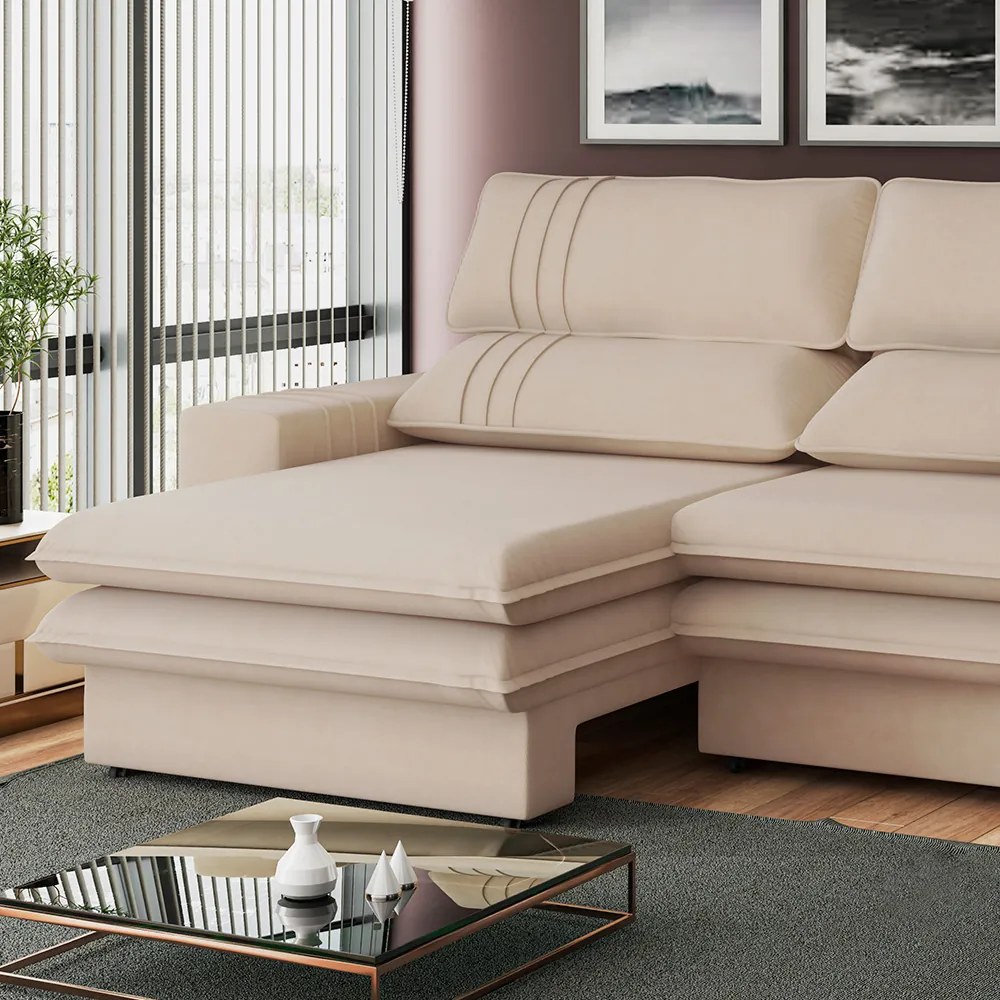 Sofá 2 Lugares Retrátil Noruega 180 cm Veludo  Pés Tabaco - D'Rossi - Off White