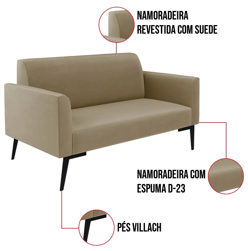 Sofá Namoradeira com 2 Poltronas Pés Villach Marisa Suede D03 - D'Rossi - Marrom Rato