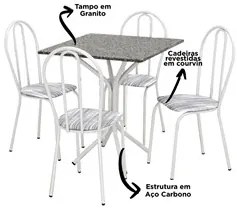 Jogo de Mesa e 04 Cadeiras Thais com Tampo Granito Branca/Assento Linh