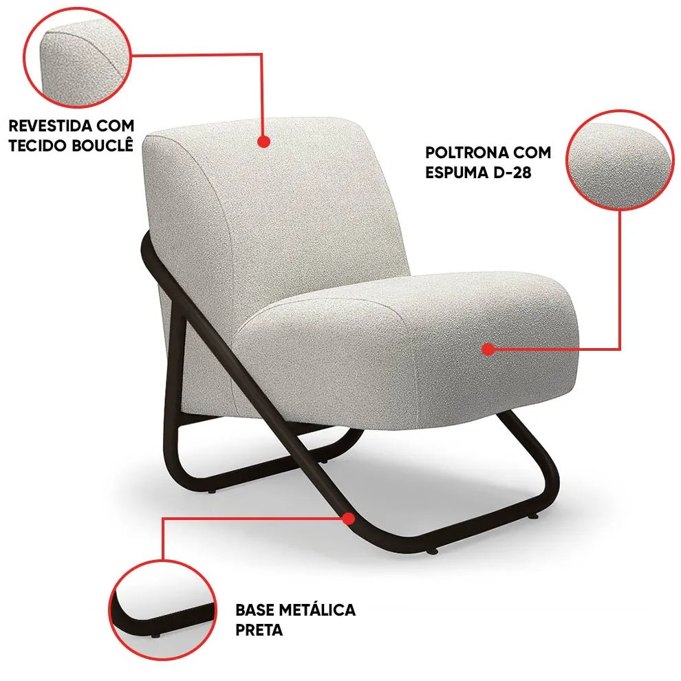 Poltrona Sala Estar Industrial Preto Kit 2 Martina Bouclê K01 - D'Rossi - Cinza