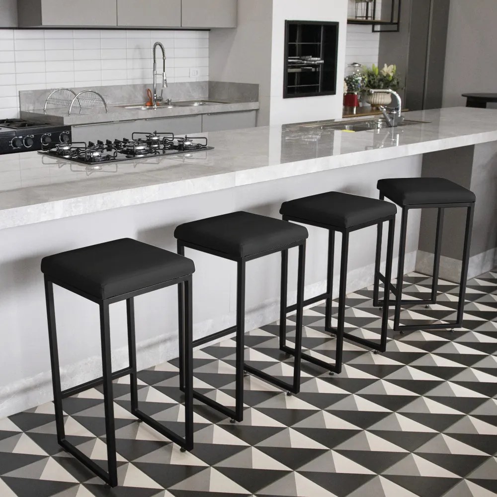 Banqueta Alta para Cozinha Industrial Kit 2 Nick Preto e Sintético D03 - D'Rossi - Preto