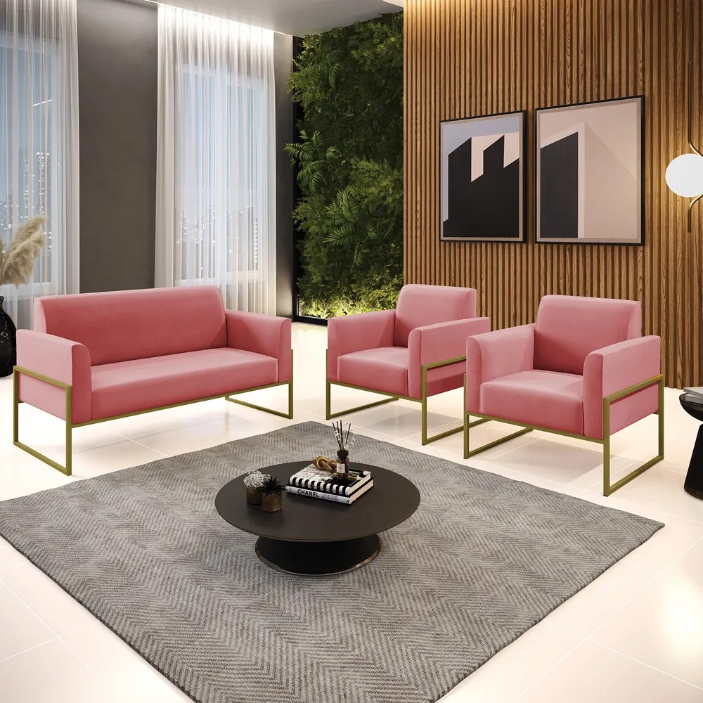 Sofá Namoradeira com 2 Poltronas Base Industrial Alta Dourado Marisa Suede D03 - D'Rossi - Rose