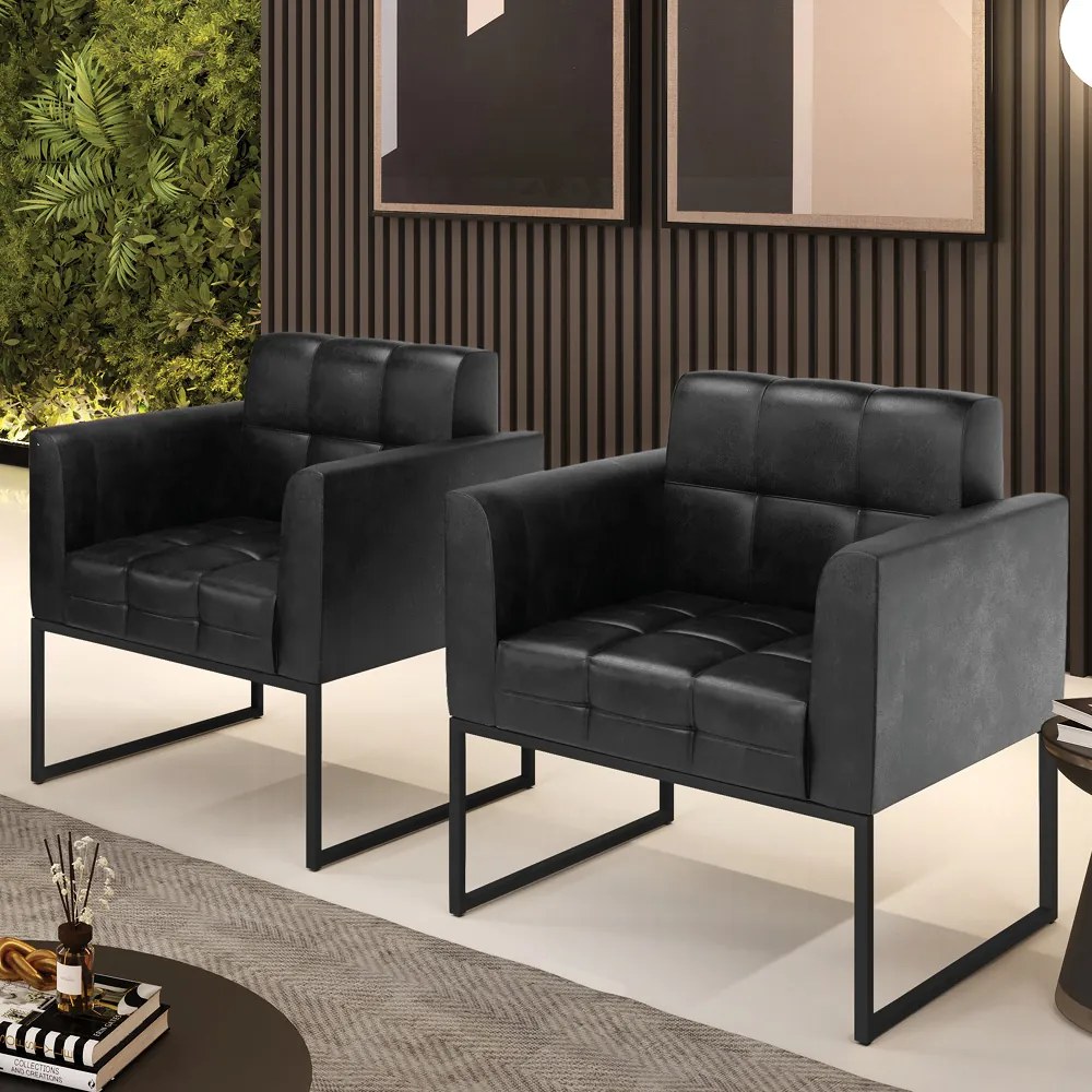 Poltrona Sala Decorativa Kit 2 Elisa Industrial Preto Sintético Pu D03 - D'Rossi - Preto