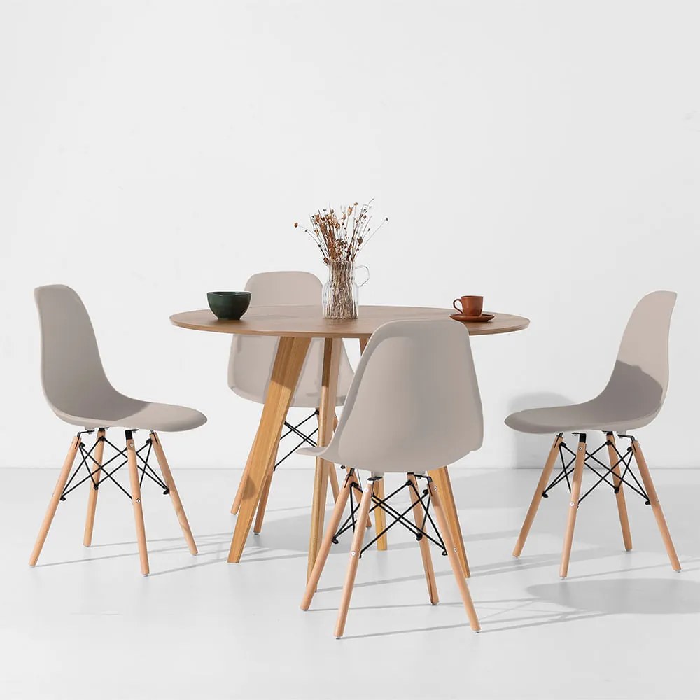 Conjunto Mesa de Jantar Square Redonda Freijó - 88cm + 4 Cadeiras Eiffel - Bege Acinzentado