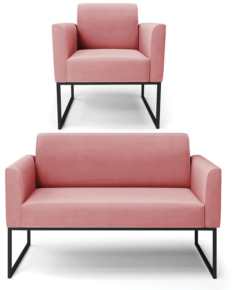 Sofá Namoradeira com Poltrona Base Industrial Preto Marisa Suede D03 - D'Rossi - Rose