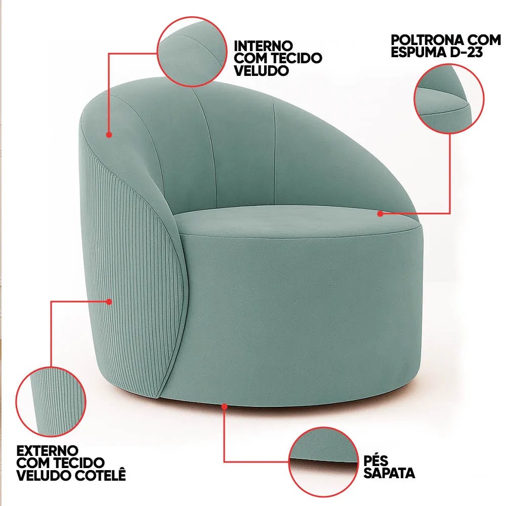 Poltrona Decorativa Orgânica Lua Cotelê/Veludo Menta D03 - D'Rossi