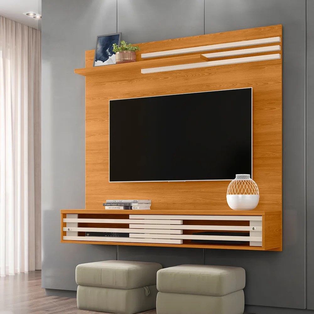 Painel TV 55 Pol 136cm Bancada Suspensa para Sala Briven Cinamomo/Off White M20 - D'Rossi