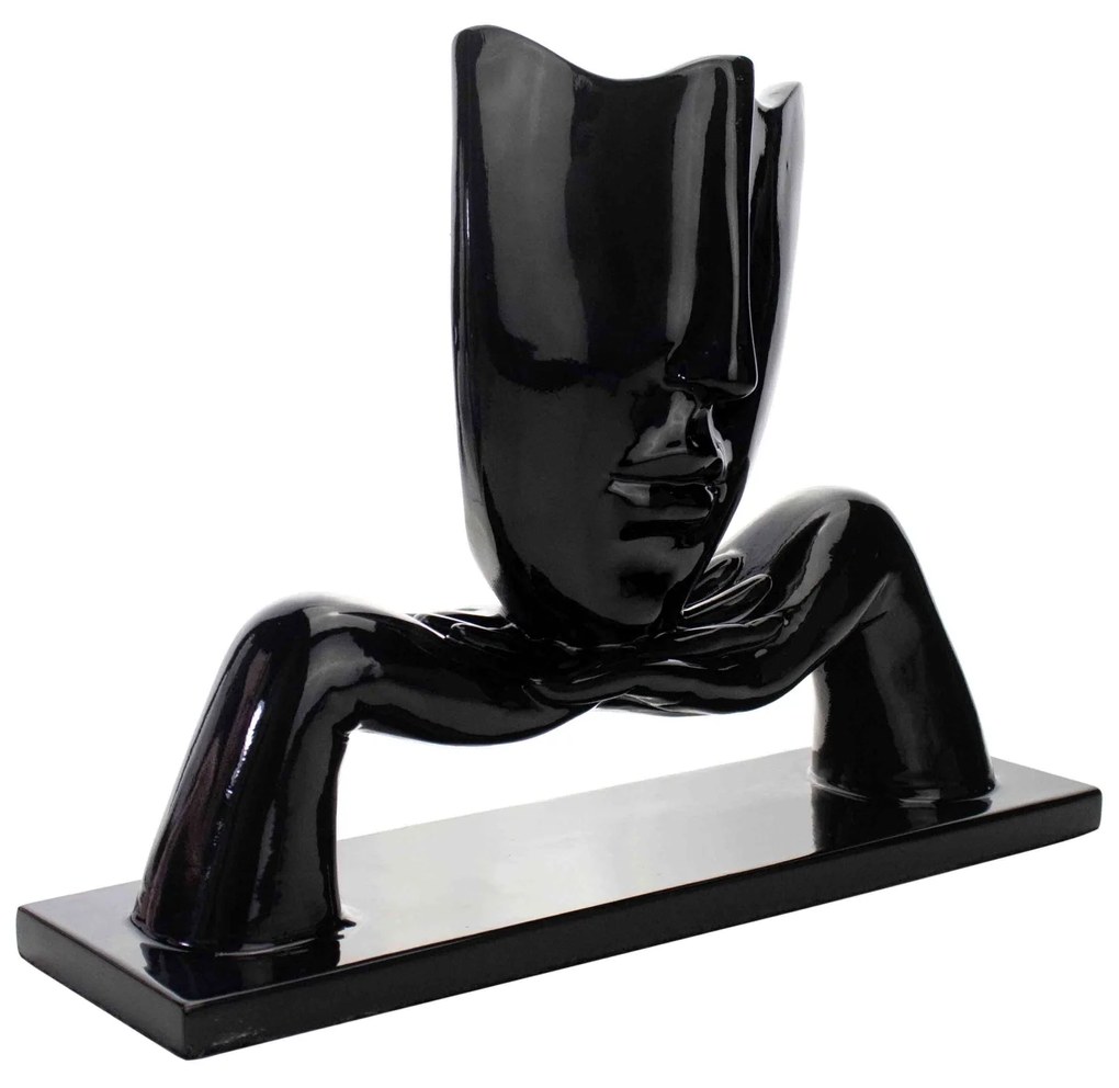 Escultura Máscara Com Base Descanso Em Cerâmica Preto 23x30 Cm - D'Rossi