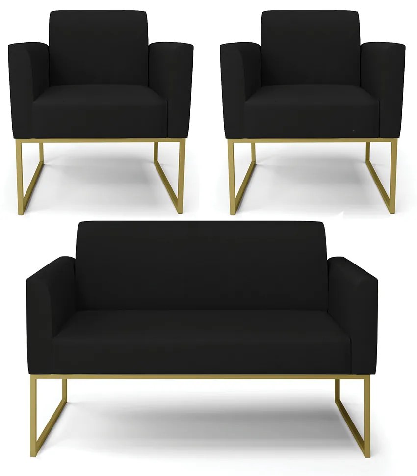Sofá Namoradeira com 2 Poltronas Base Industrial Dourado Marisa Linho D03 - D'Rossi - A79 Preto